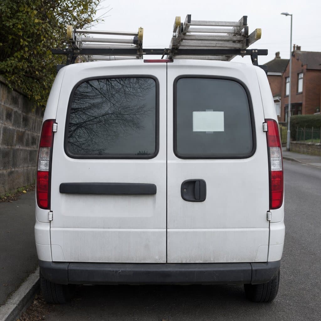 The rear doors of a tradesperson's white panel van parked at a kerb.